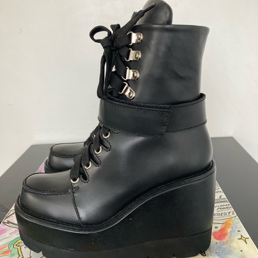 Free People Jeffrey Campbell black leather wedge stomper boots